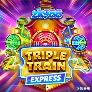 Tampilan layar dari slot Triple Train Express dengan kereta neon yang melaju di kota siberpunk.